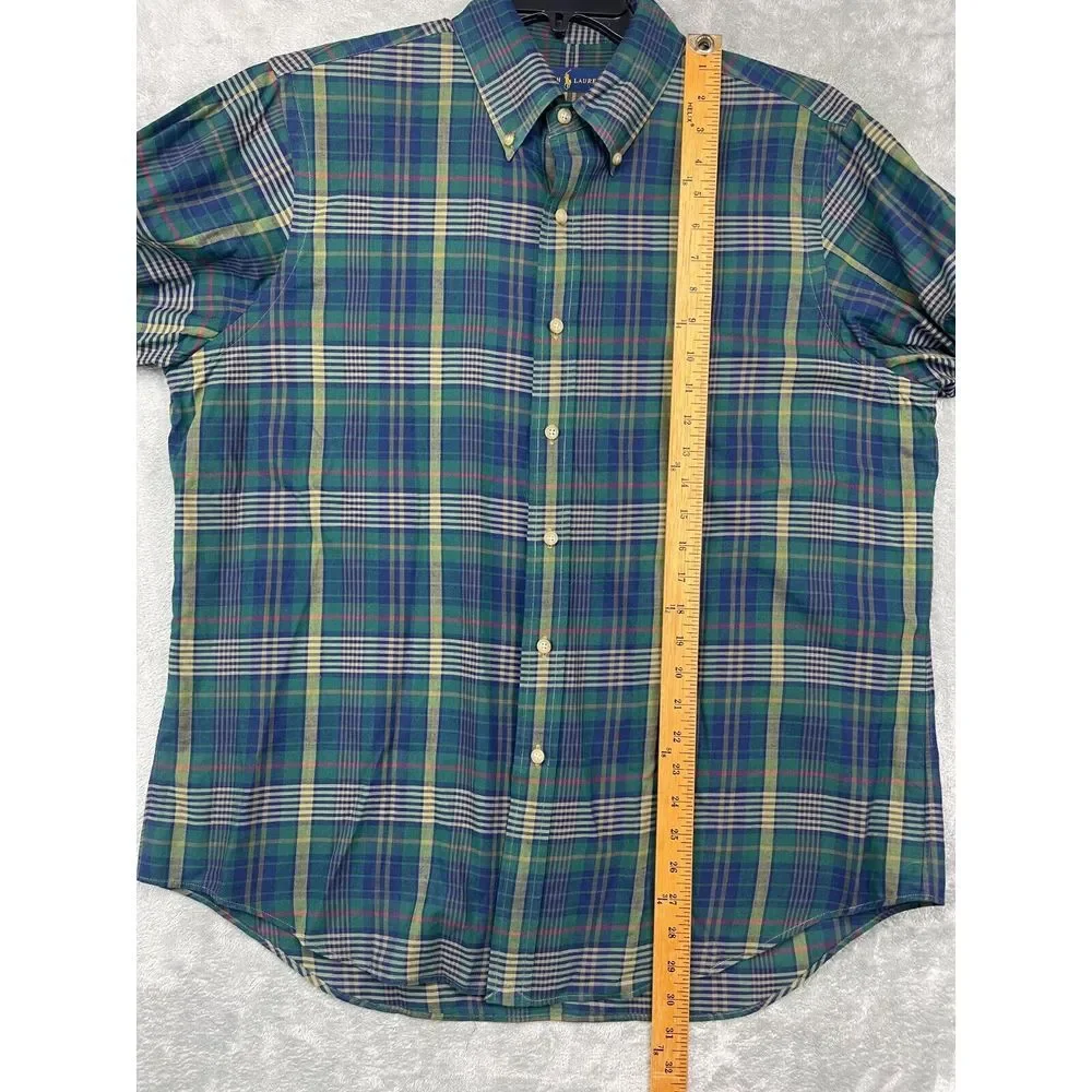 Polo Ralph Lauren Men's Shirt Size Large Green‎ Blue Plaid Long Sleeve Button Up